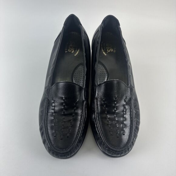 SAS Weave Slip On Loafer Black Leather Moc Toe Wedge Comfort Womens 8 W Wide - Picture 4 of 11